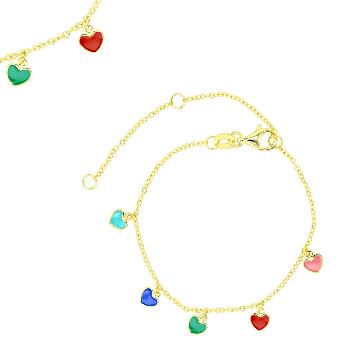 Sterling Silver Yellow 5.3MM Dangling Hearts Enamel Multicolor  9+1"  Anklet