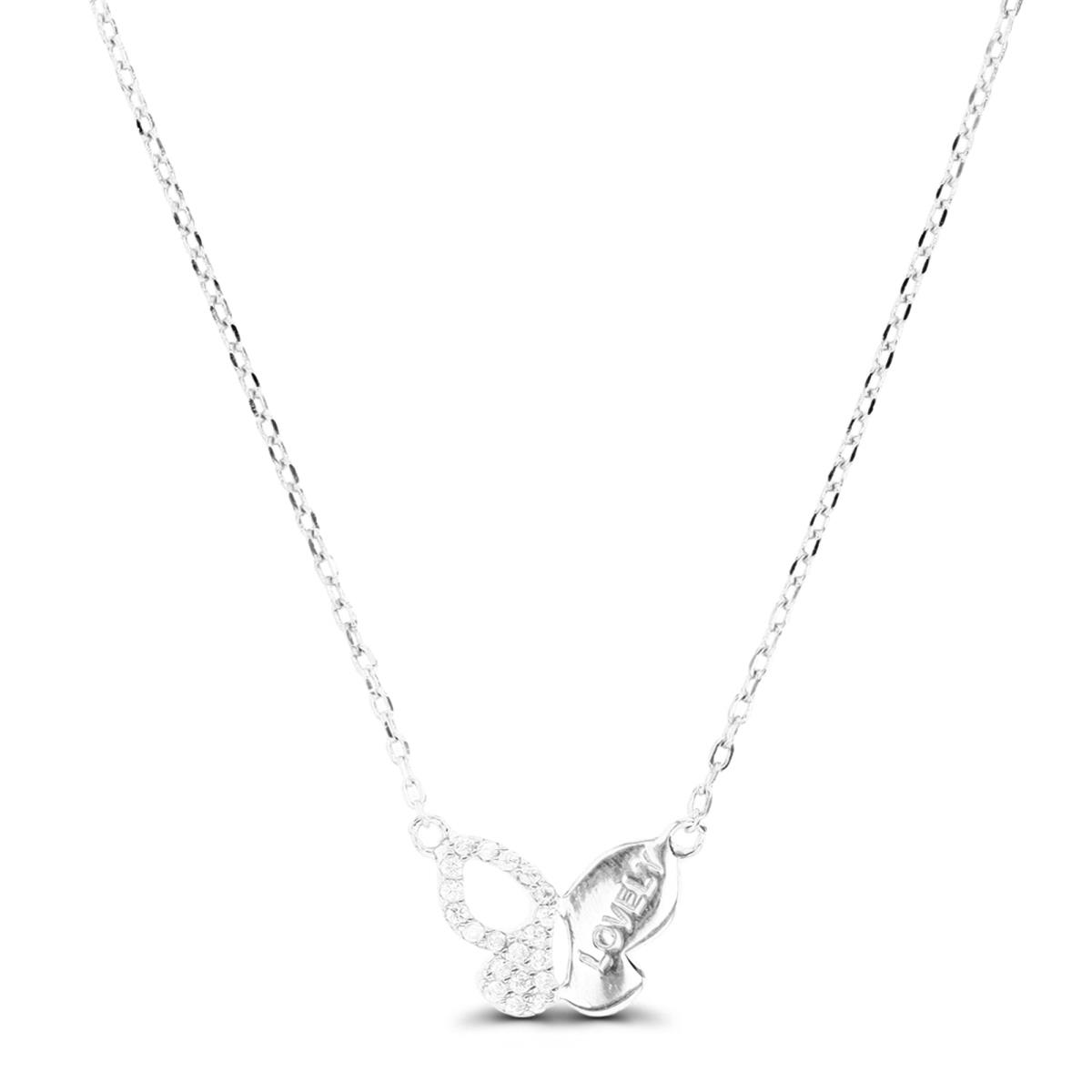 Sterling Silver Rhodium 13X10.5mm Polished Butterfly White CZ 13+2" Necklace