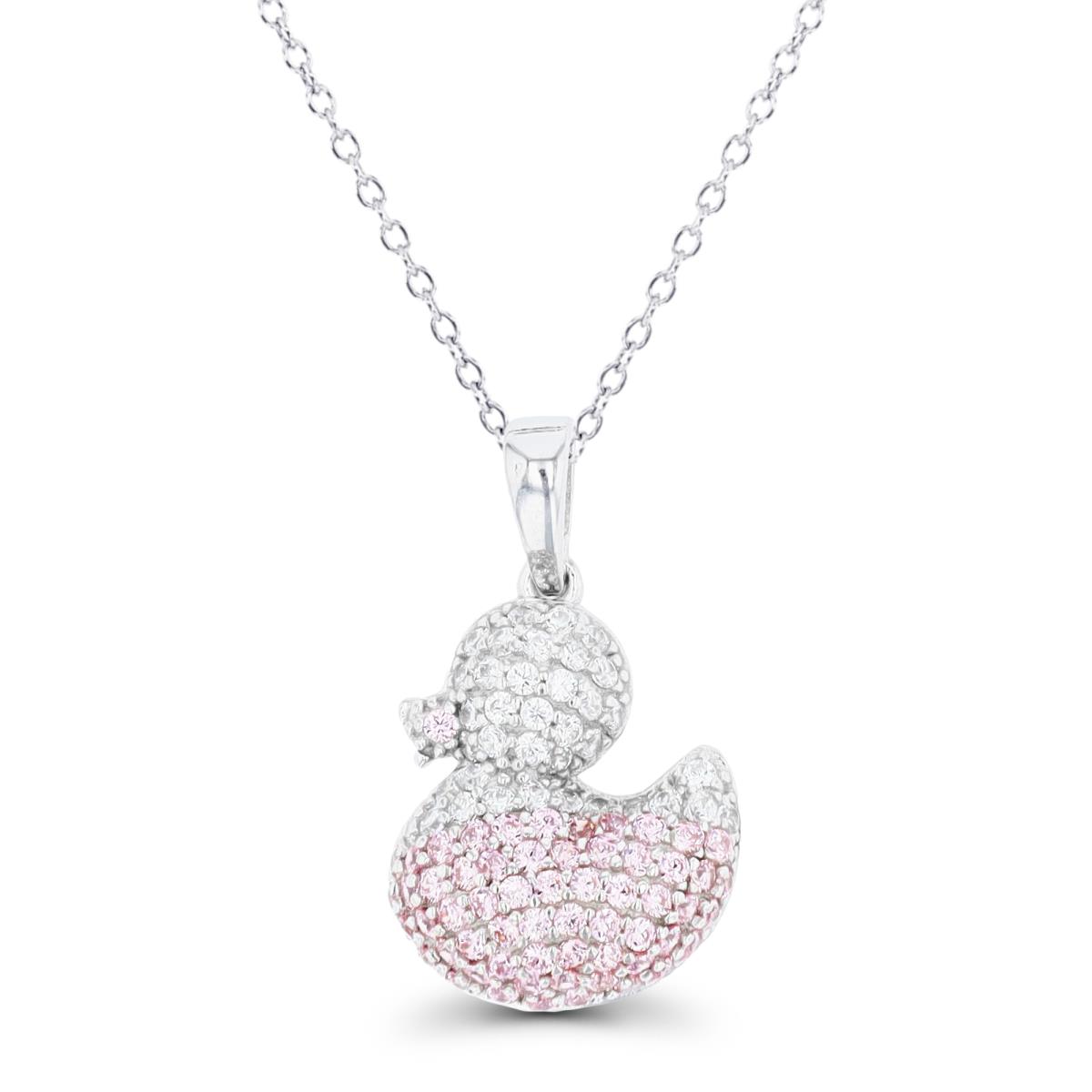 Sterling Silver Rhodium 22X13MM Duck CZ White & Pink 18" Necklace