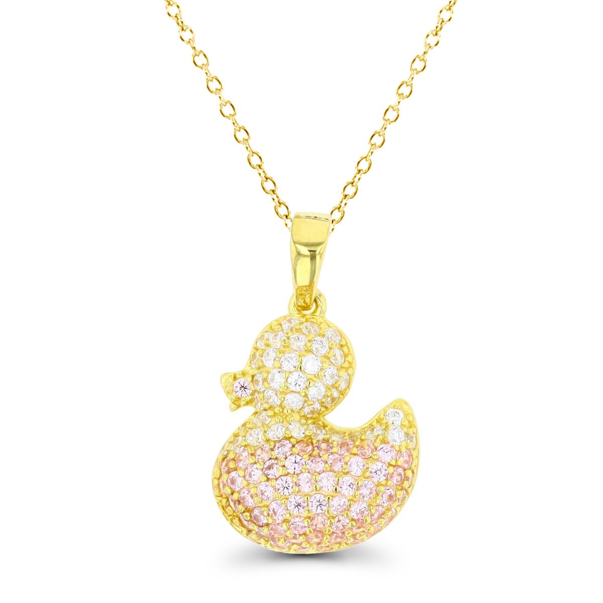 Sterling Silver Yellow 1 Micron 22X13MM Duck CZ White & Pink 18" Necklace