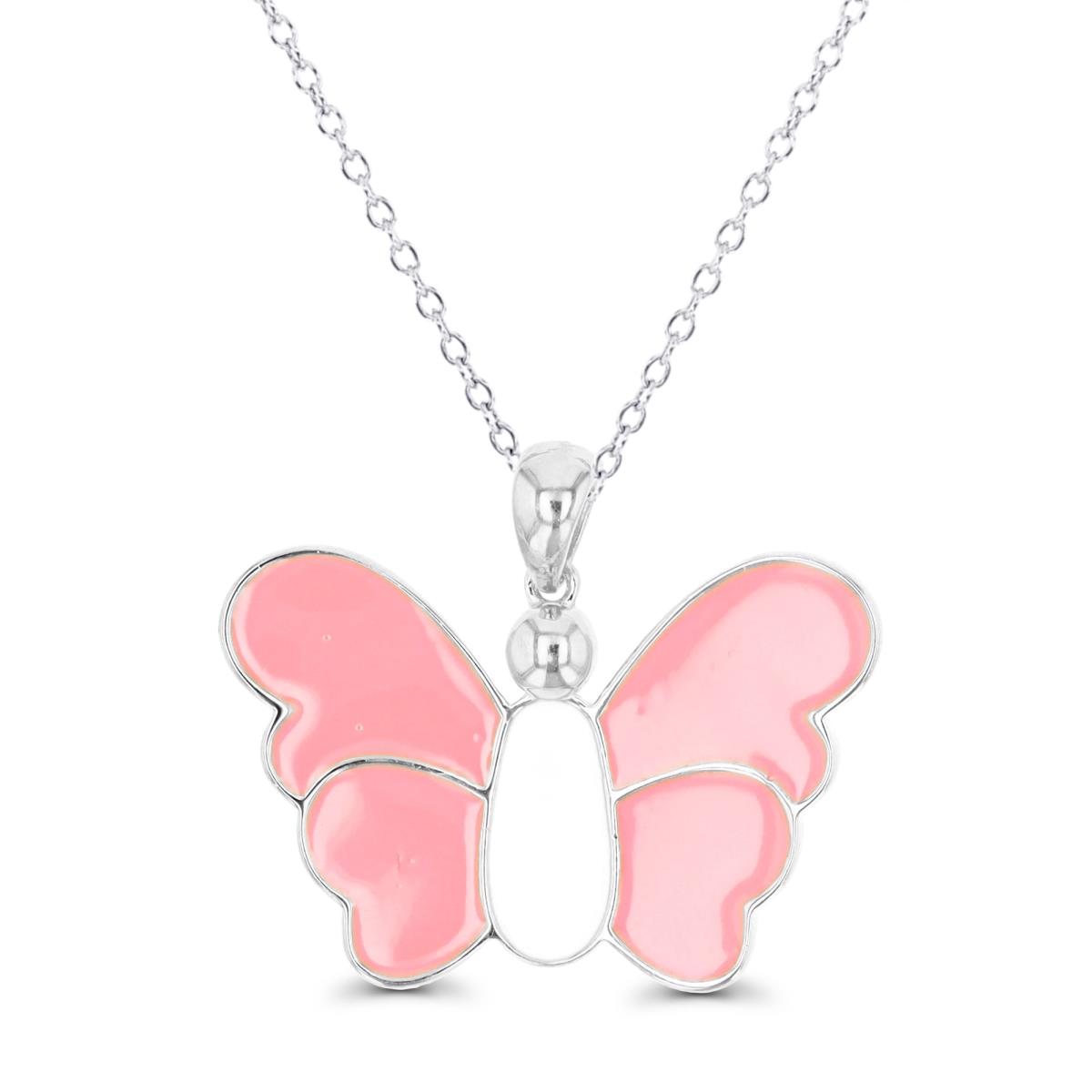 Sterling Silver Rhodium 26X20MM Enamel Polished Pink Butterfly 18" Necklace