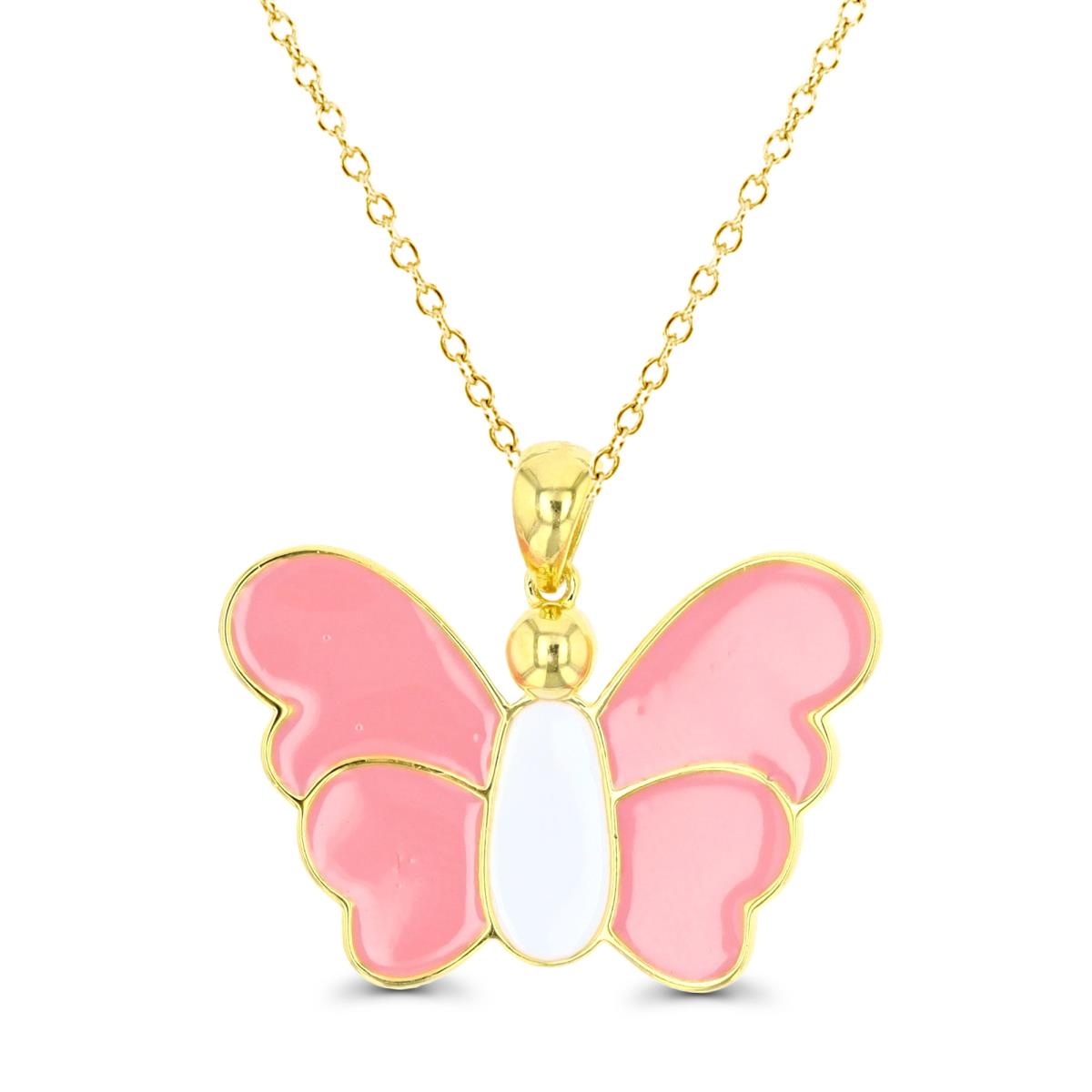 Sterling Silver Yellow 1 Micron 26X20MM Enamel Polished Pink Butterfly 18" Necklace