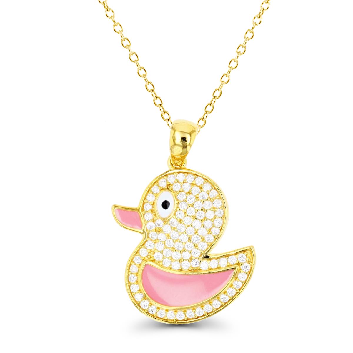 Sterling Silver Yellow 1 Micron 25X16MM Duck White CZ  Pink Enamel 18" Necklace