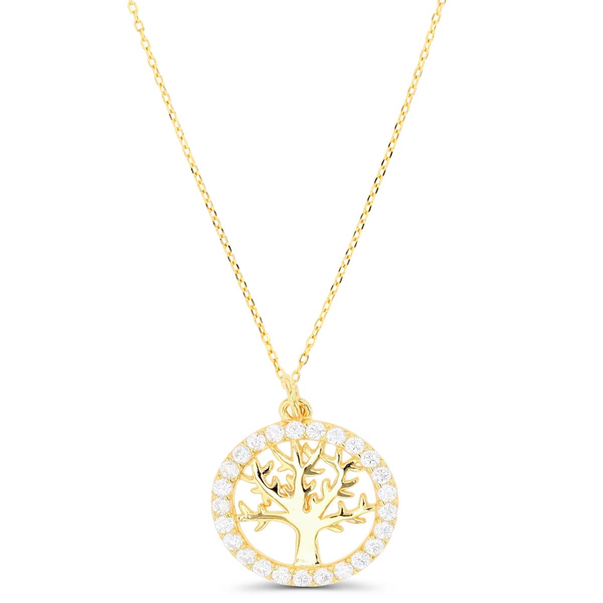 Sterling Silver Yellow 1 Micron 15X15MM Tree of Life White CZ  18" Necklace