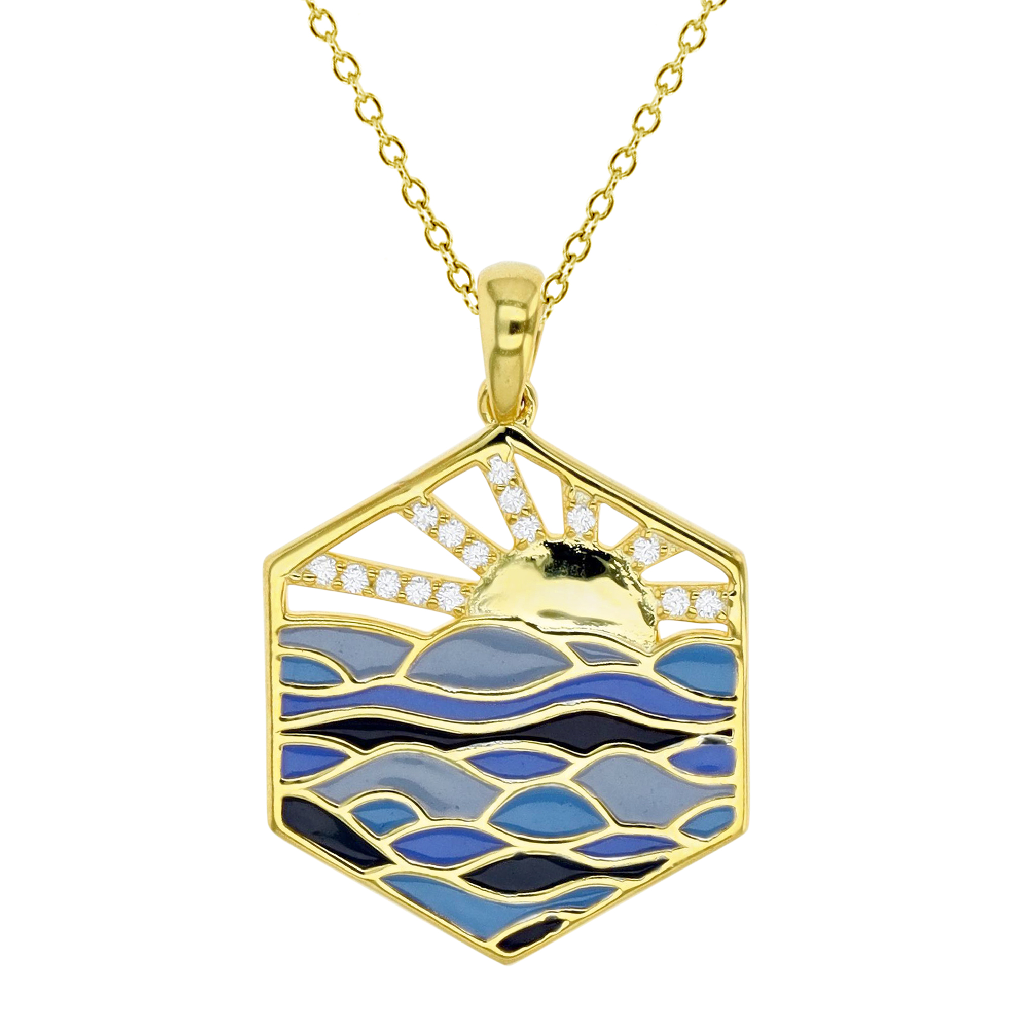 Sterling Silver Yellow Enamel & CZ Sunset 18" Necklace