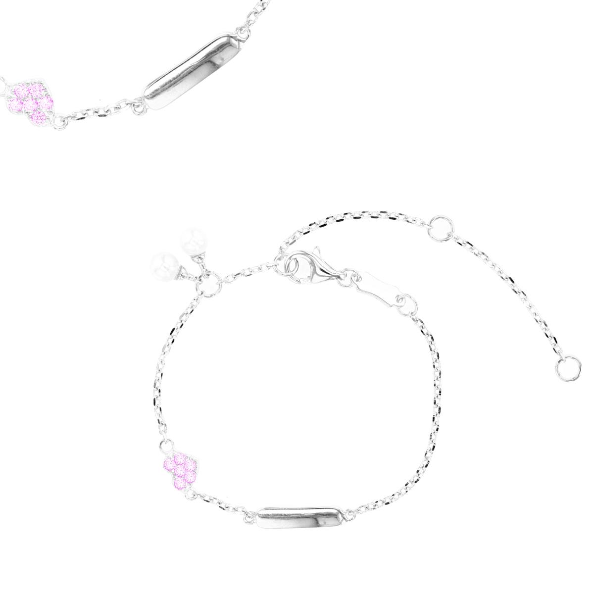 Sterling Silver Rhodium 6MM White Pearls & Heart Pink CZ ID 5+1+1" Bracelet