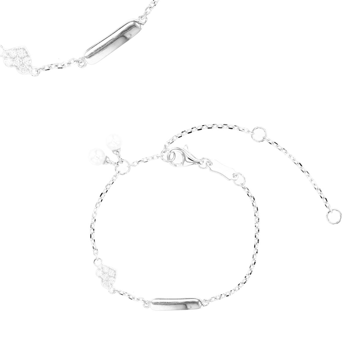 Sterling Silver Rhodium 6MM White Pearls & Heart White CZ ID 5+1+1" Bracelet