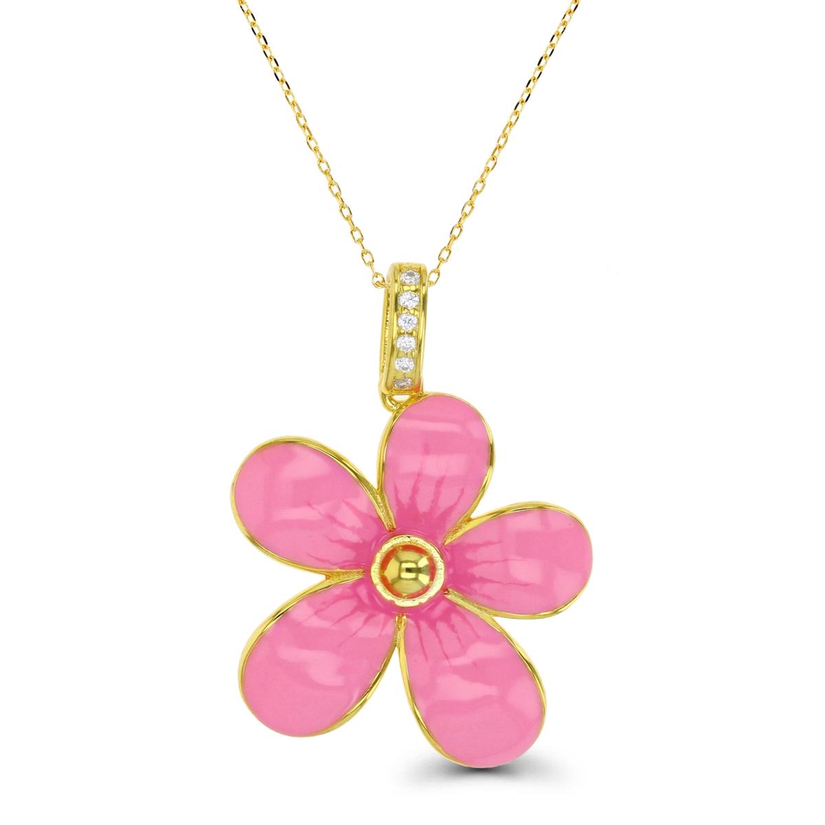 Sterling Silver Yellow Enamel & CZ Flower 18" Necklace
