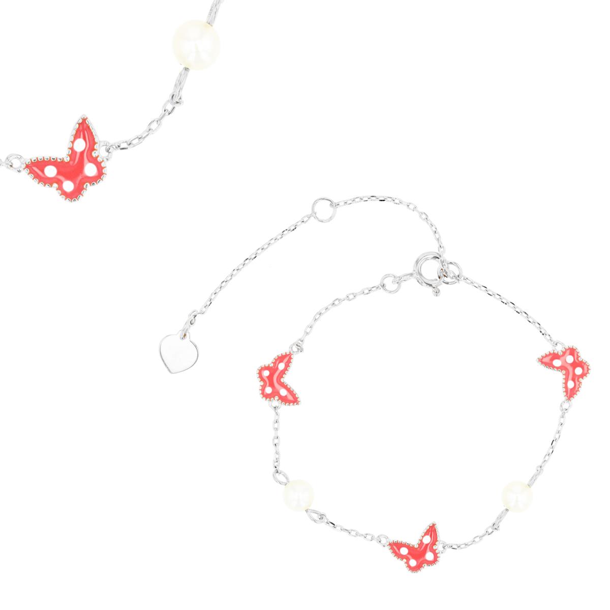 Sterling Silver Rhodium 6.5MM White Pearls & Enamel Pink Butterfly 5+1+1"  Bracelet