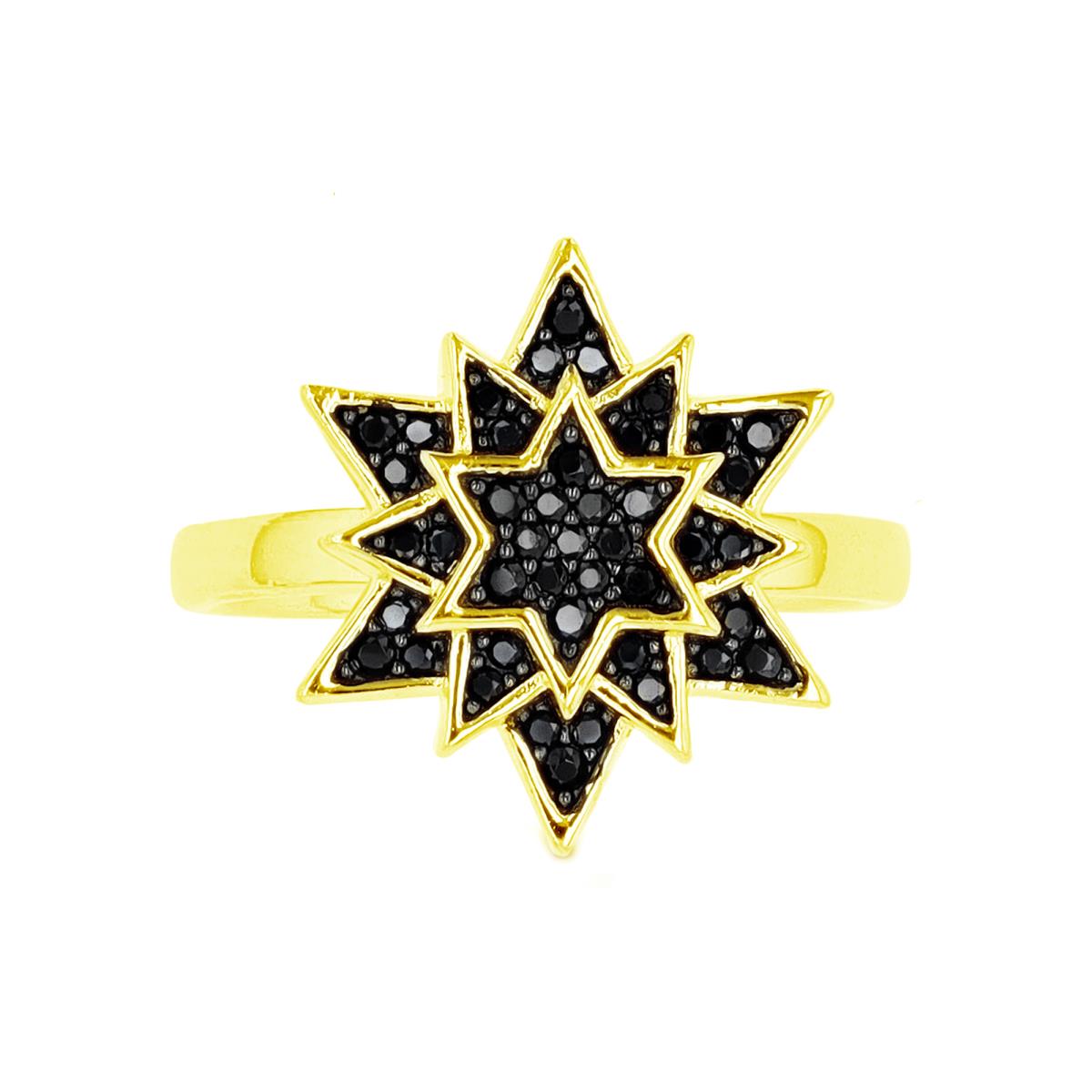 Sterling Silver Yellow Overlay Stars Black Spinel  16.5mm Fashion Ring