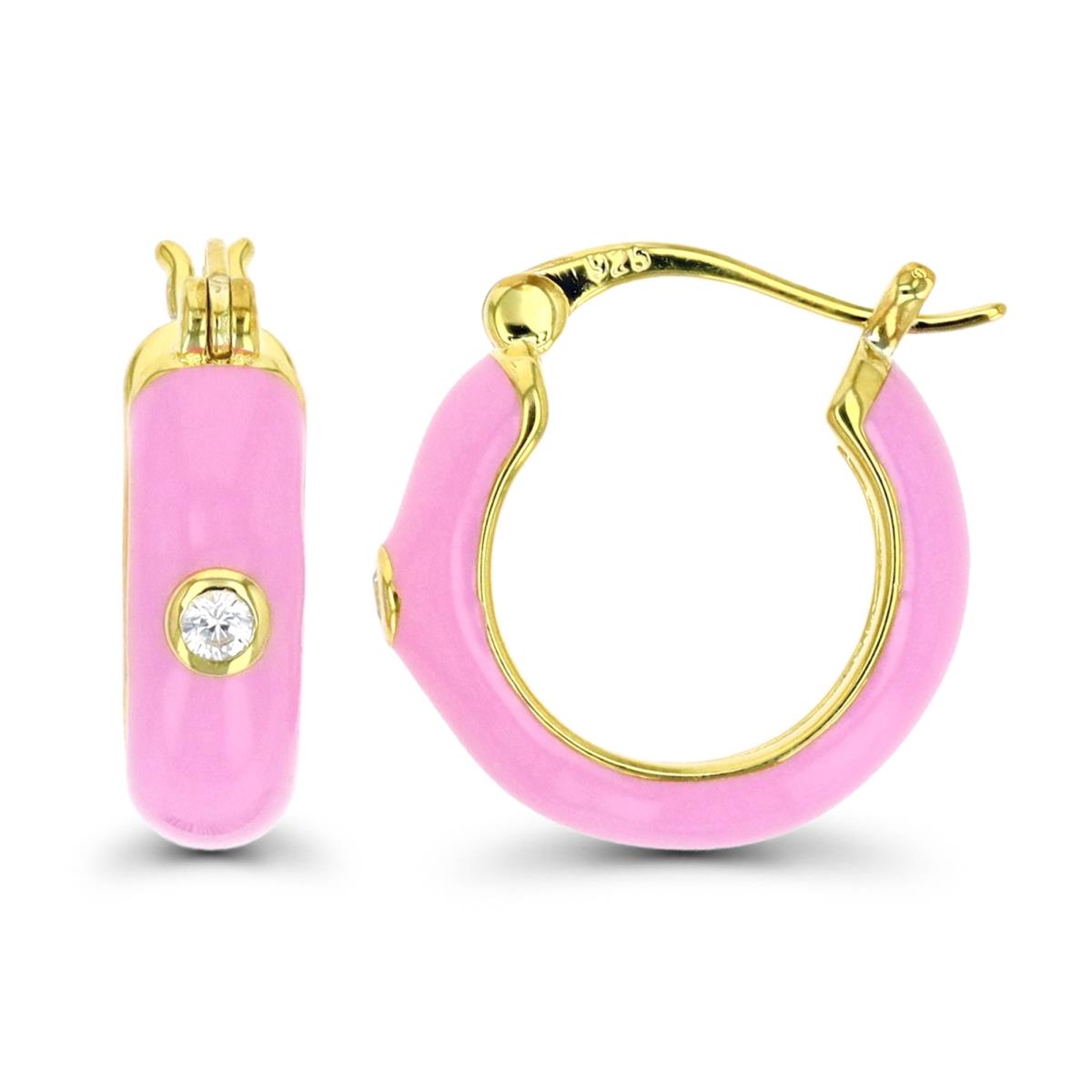 Sterling Silver Yellow Pink Enamel & CZ Hoop Earring