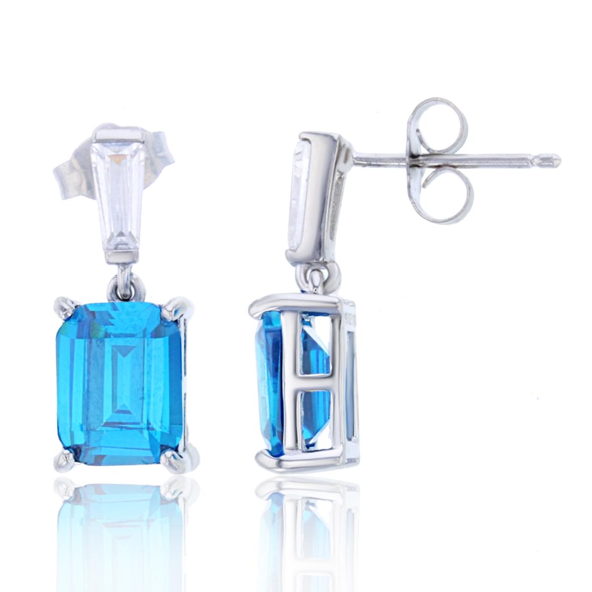 Sterling Silver Rhodium 9x7mm EC Dark Blue Glass & TB White CZ Dangling Stud Earring