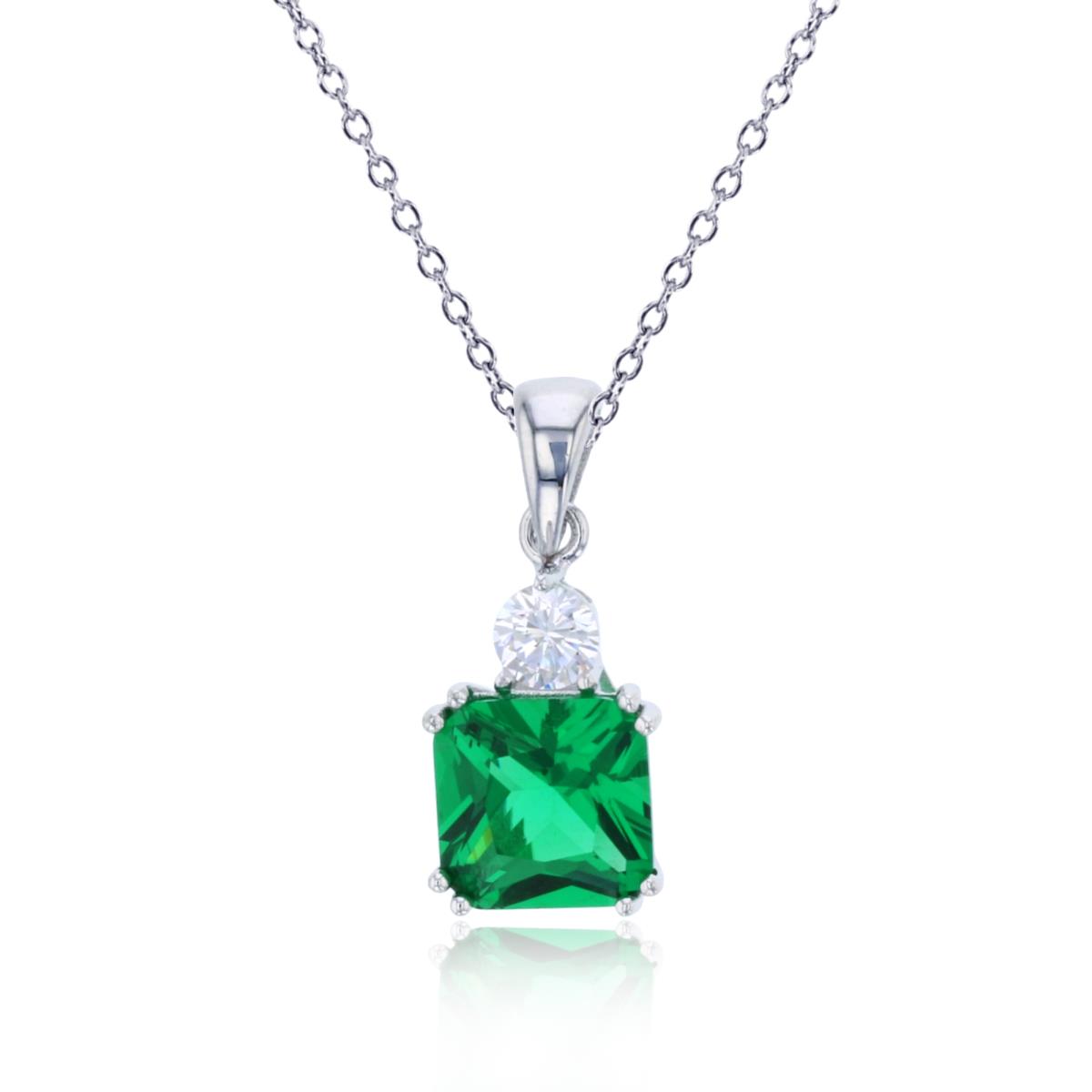 Sterling Silver Rhodium 8mm Princess Emerald Glass & Rnd White CZ Solitaire 18"Necklace