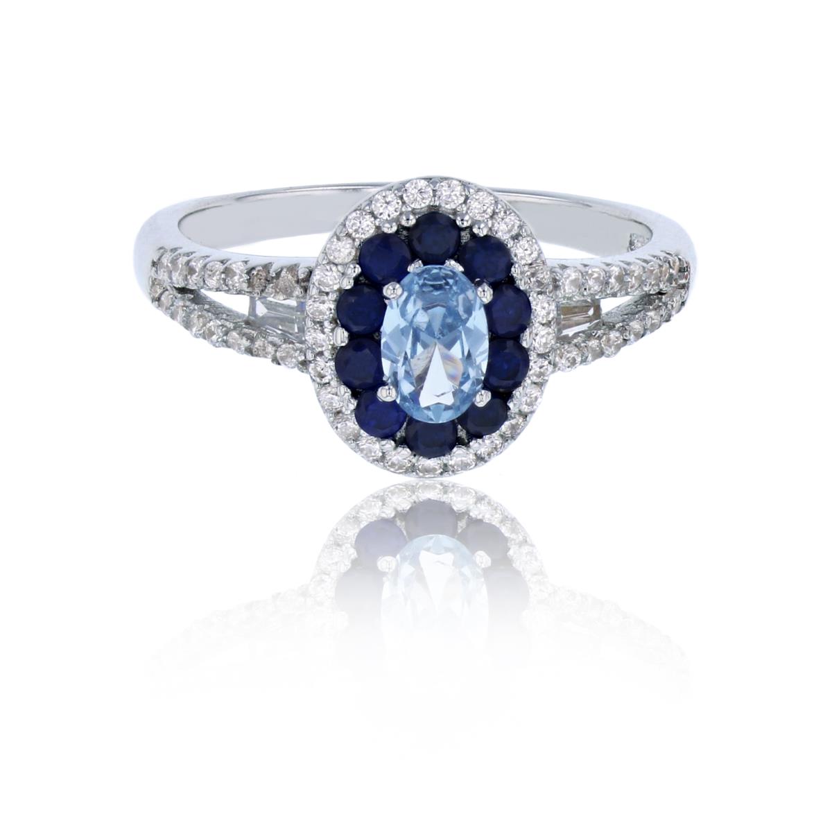 Sterling Silver Rhodium 6x4mm Sky Blue Oval Cut with Sapphire Glass & White CZ Double Halo & Sides Fashion Ring