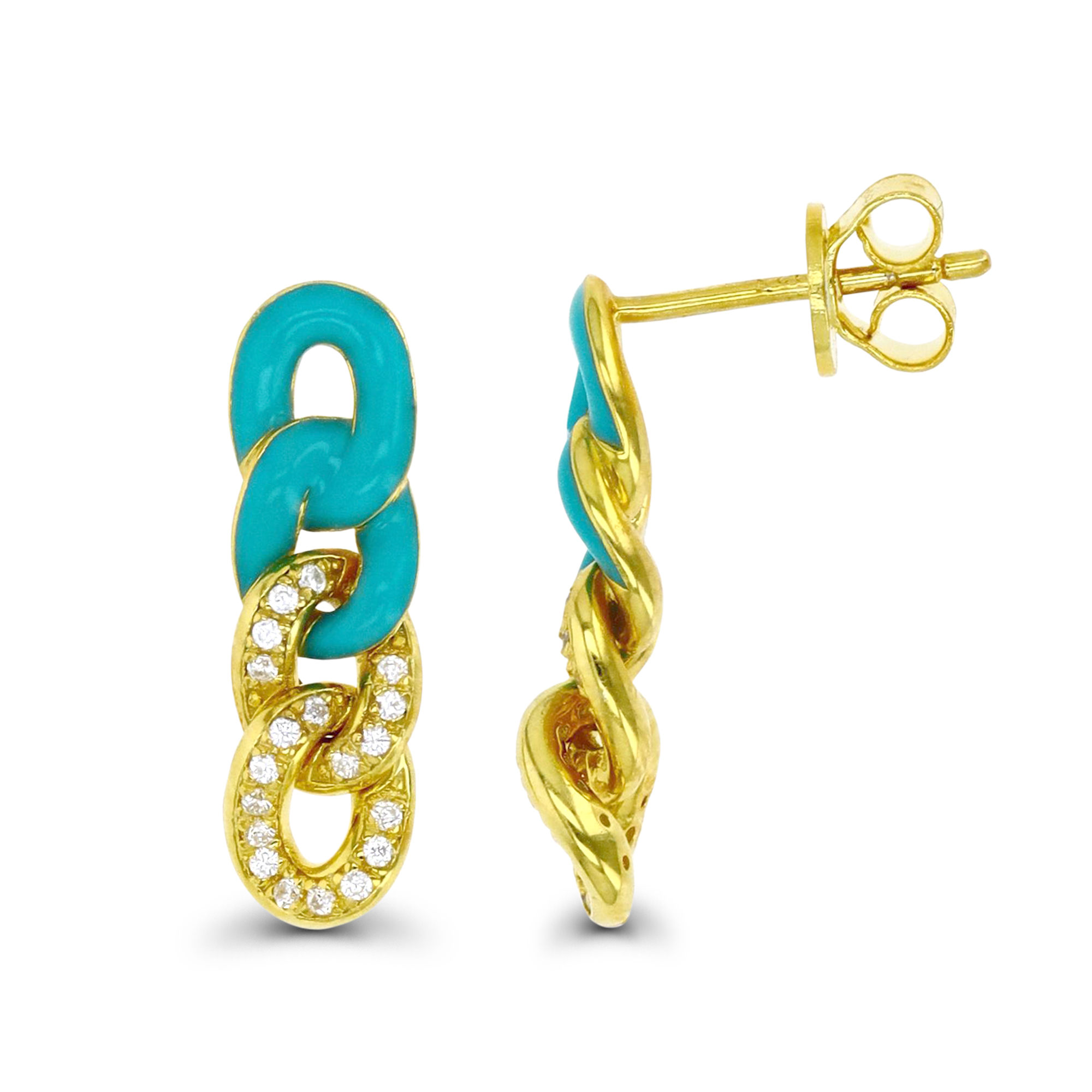 Sterling Silver Yellow Turquoise Enamel & CZ Chain Dangling Earring