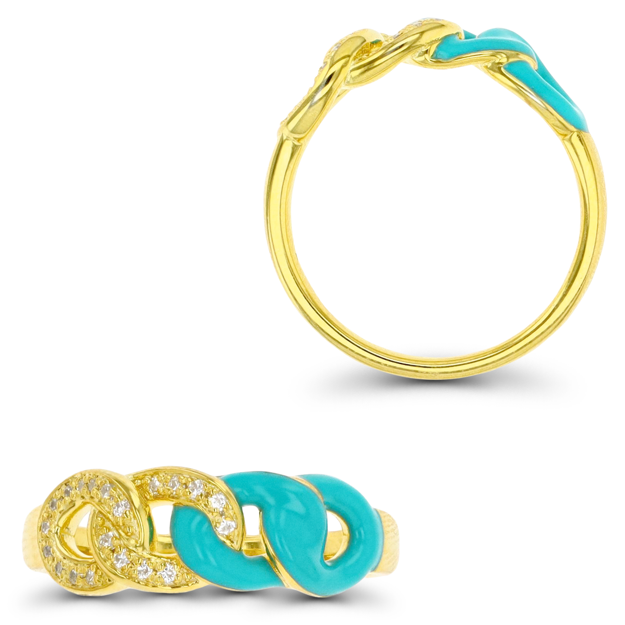 Sterling Silver Yellow Turquoise Enamel & CZ Chain Ring