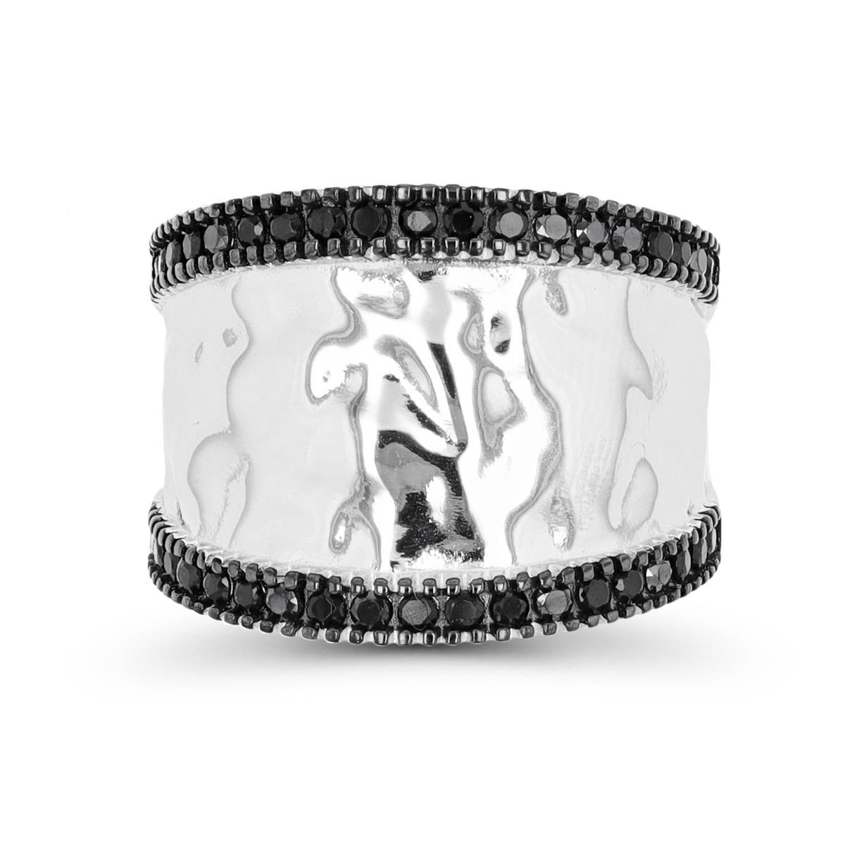 Sterling Silver Rhodium & Black 17mm Hammered Black Spinel  Fashion  Ring