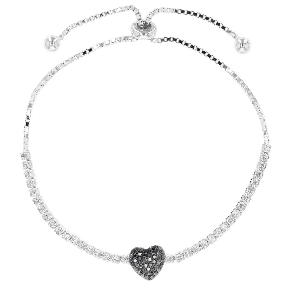 Sterling Silver Rhodium Black & White CZ  Paved Heart Adjustable Bracelet