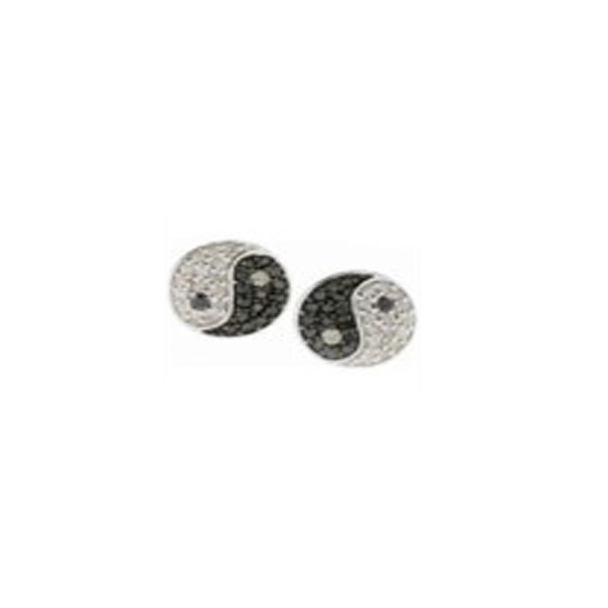 Sterling Silver 8x8mm Black & Rhodium White/Black CZ Ying Yang  Stud Earring