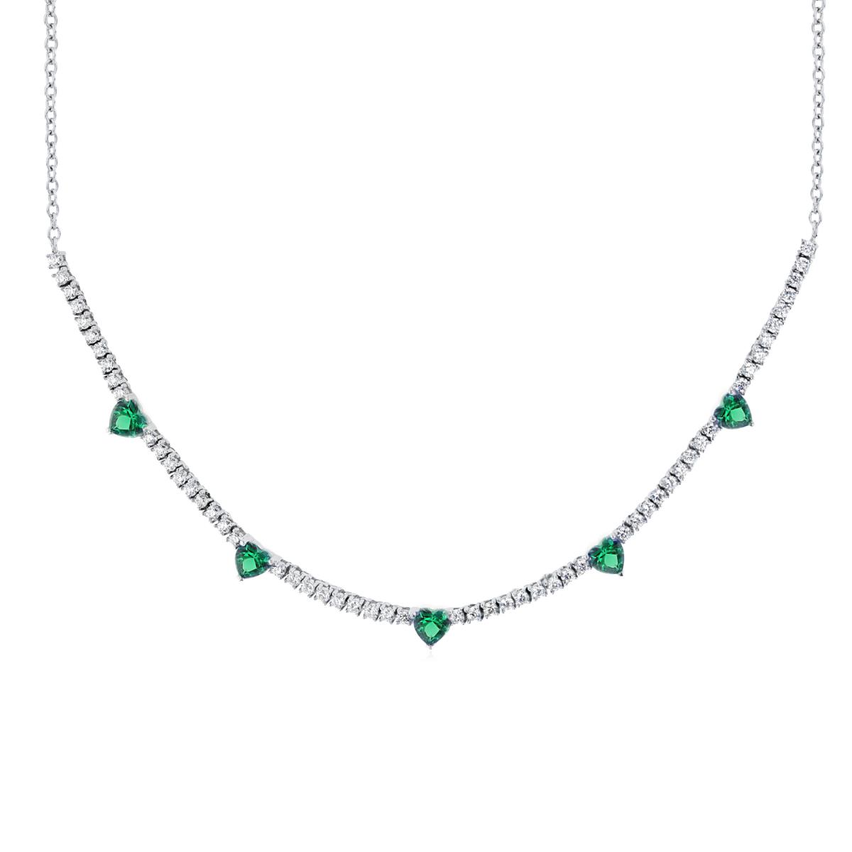 Sterling Silver Rhodium 5mm Green Emerald Hearts Glass & White Rd 18" Necklace