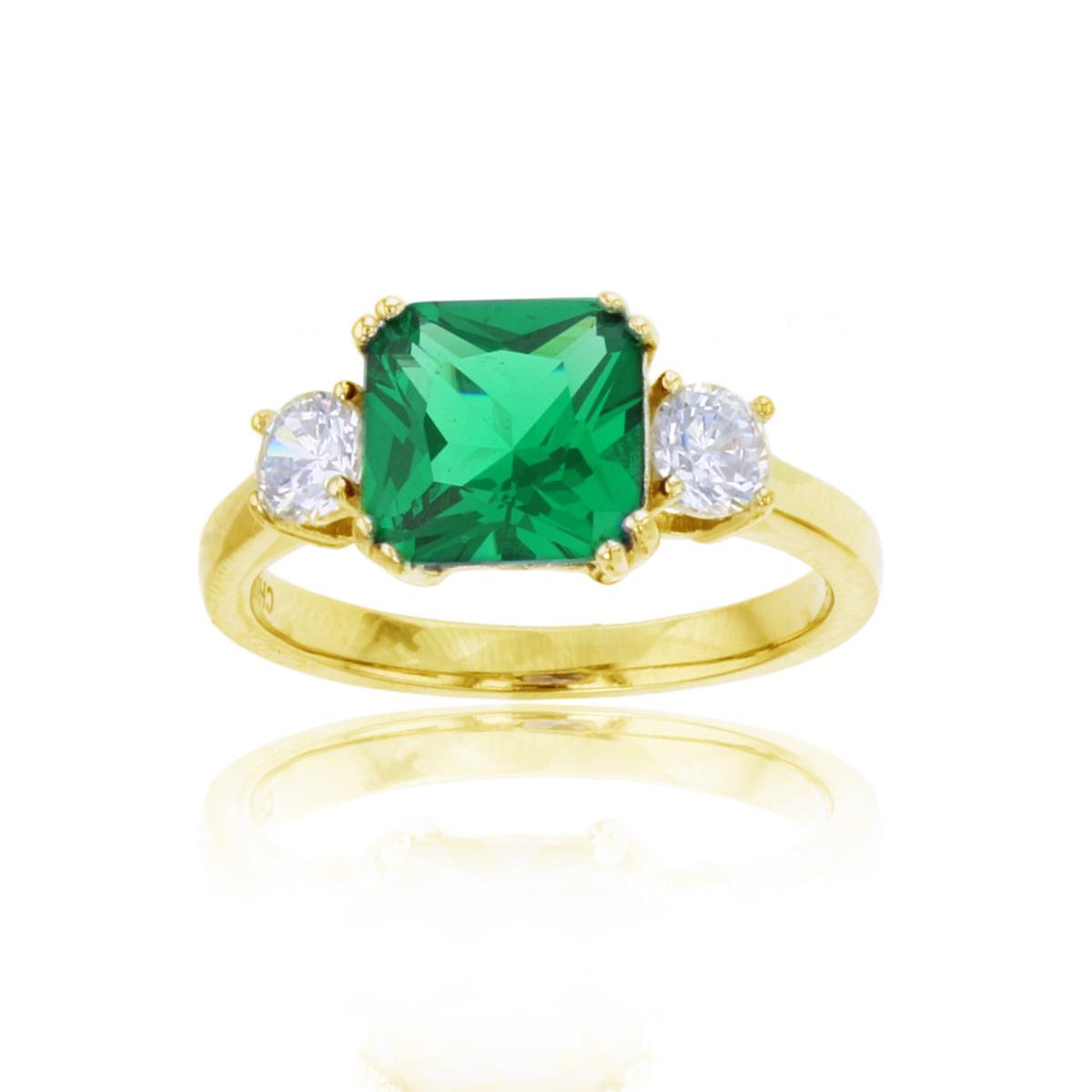 Sterling Silver Yellow 8mm Cush Emerald Green Glass & 4mm Rnd White CZ 3-Stones Ring