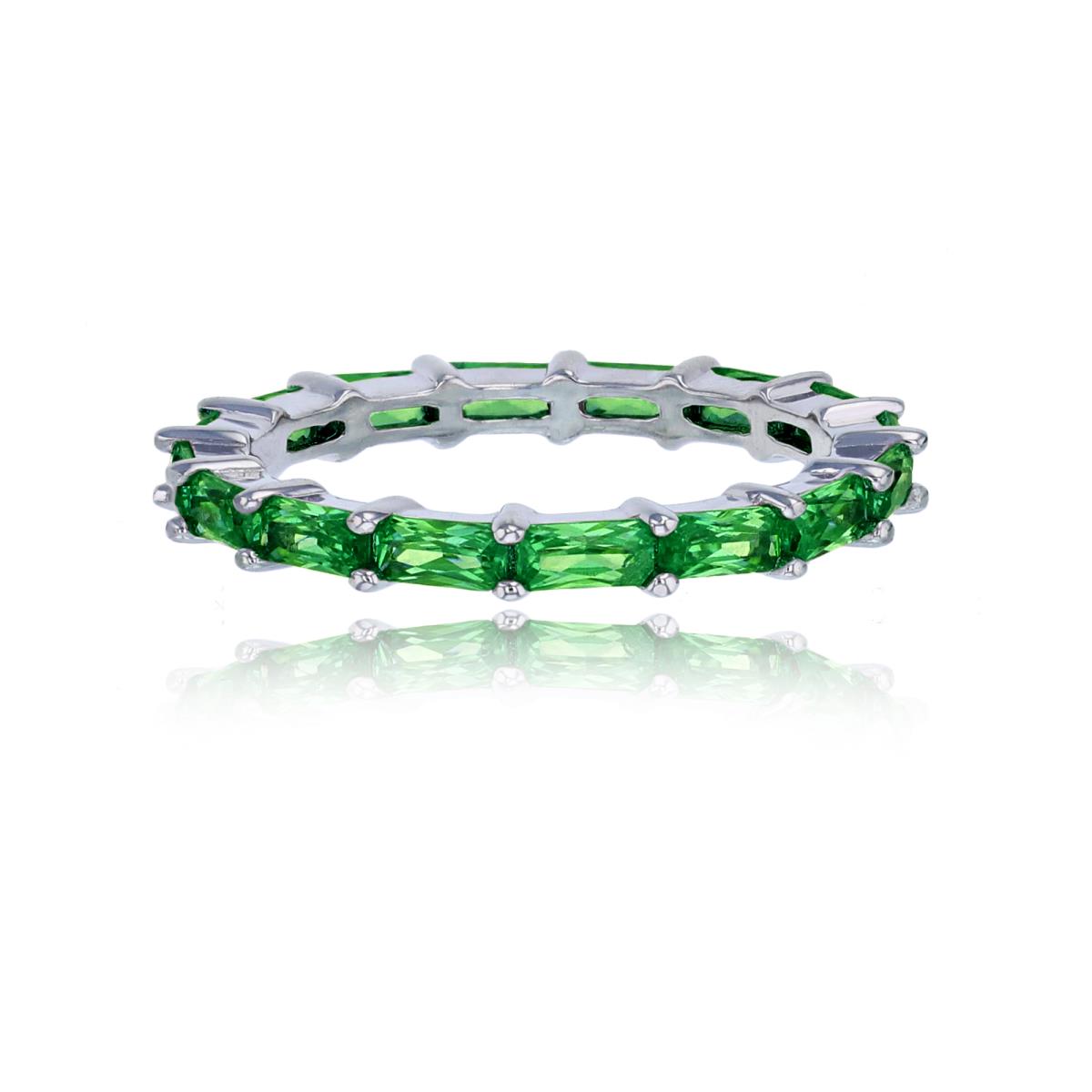 Sterling Silver Rhodium Green Emerald Cut Glass Eternity Ring