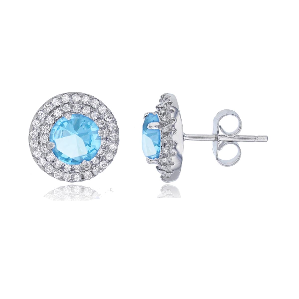 Sterling Silver Rhodium 6mm Round Light Blue CZ Double Halo Stud