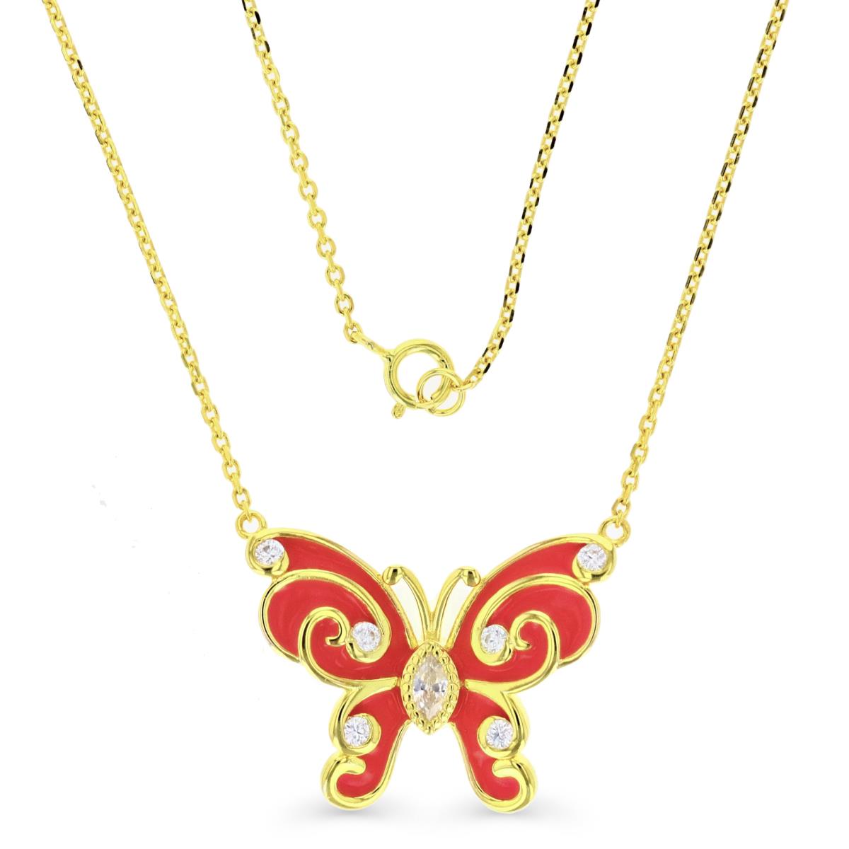 Sterling Silver Yellow Pink Enamel Butterfly & CZ 18" Necklace
