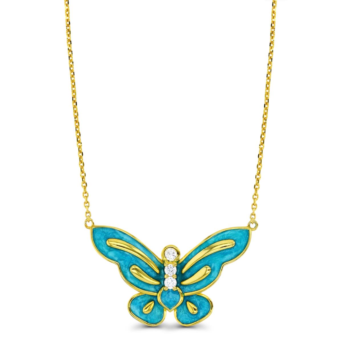 Sterling Silver Yellow Teal Enamel Butterfly 18" Necklace