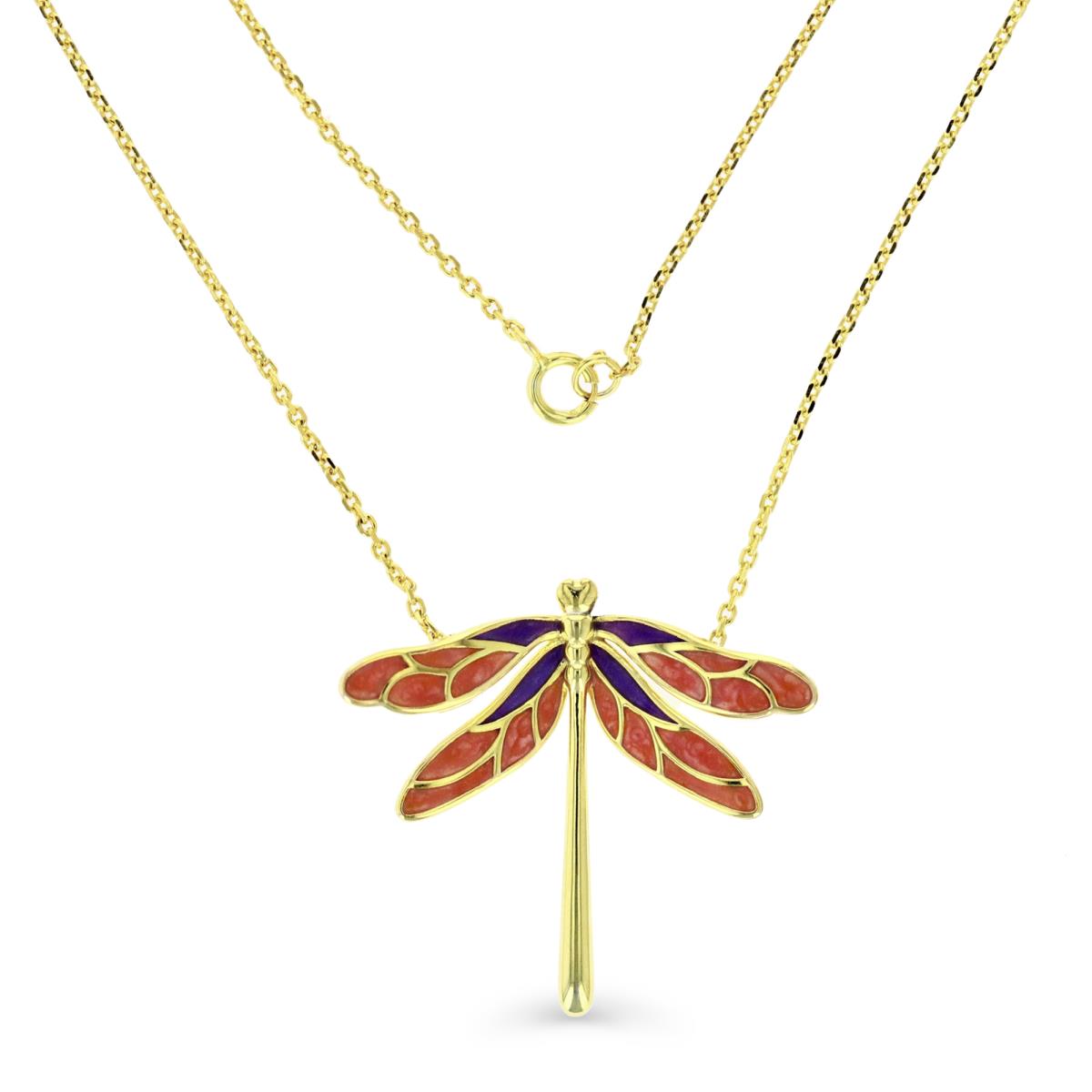 Sterling Silver Yellow Pink Enamel Dragonfly 18" Necklace