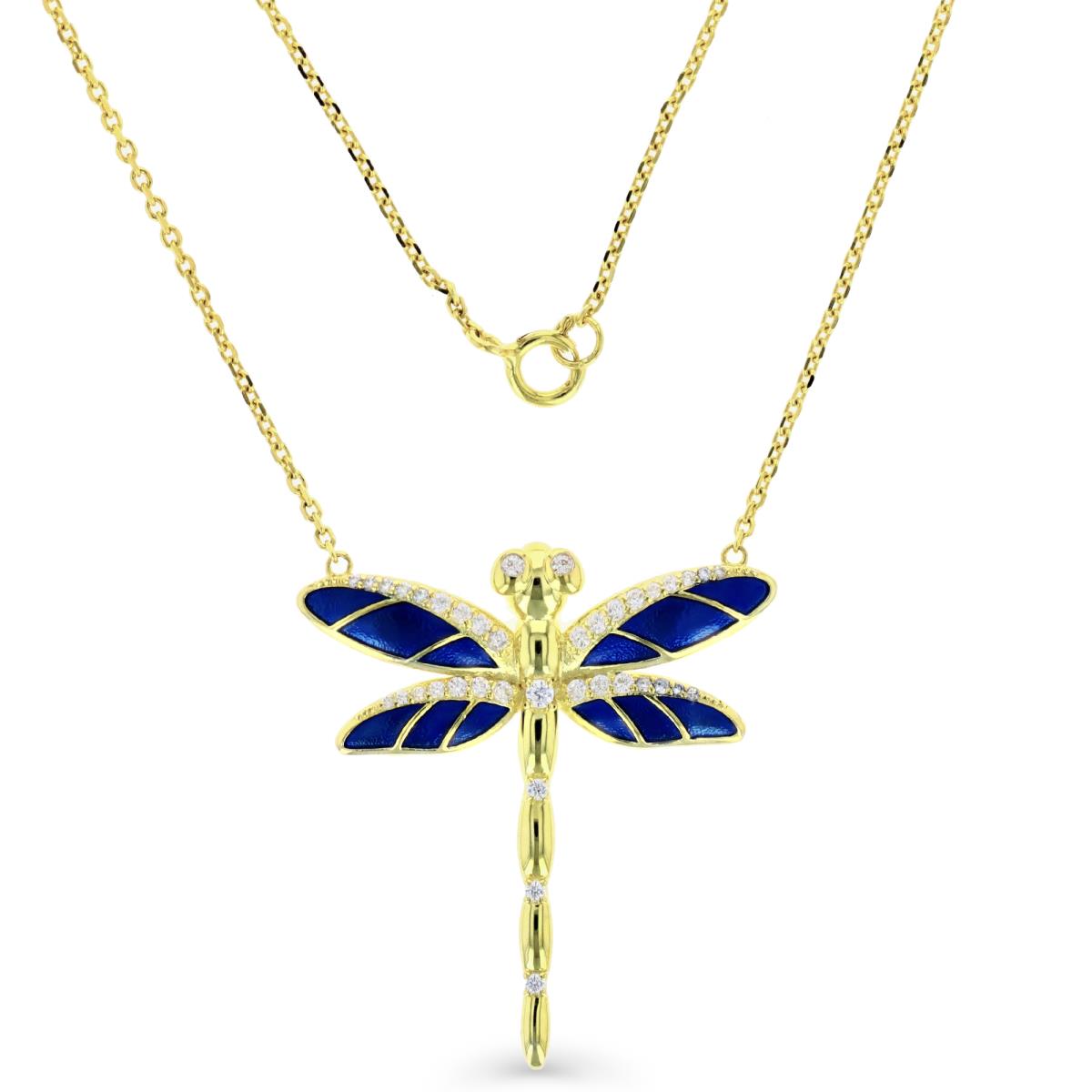 Sterling Silver Yellow Blue Enamel & CZ Dragonfly 18" Necklace