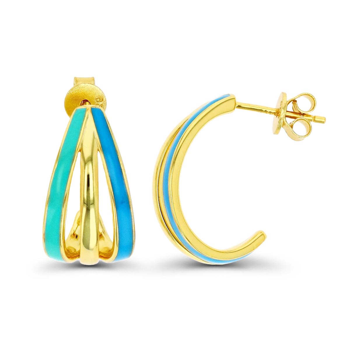 Sterling Silver Yellow Blue Enamel Triple Split Half Hoop Earring