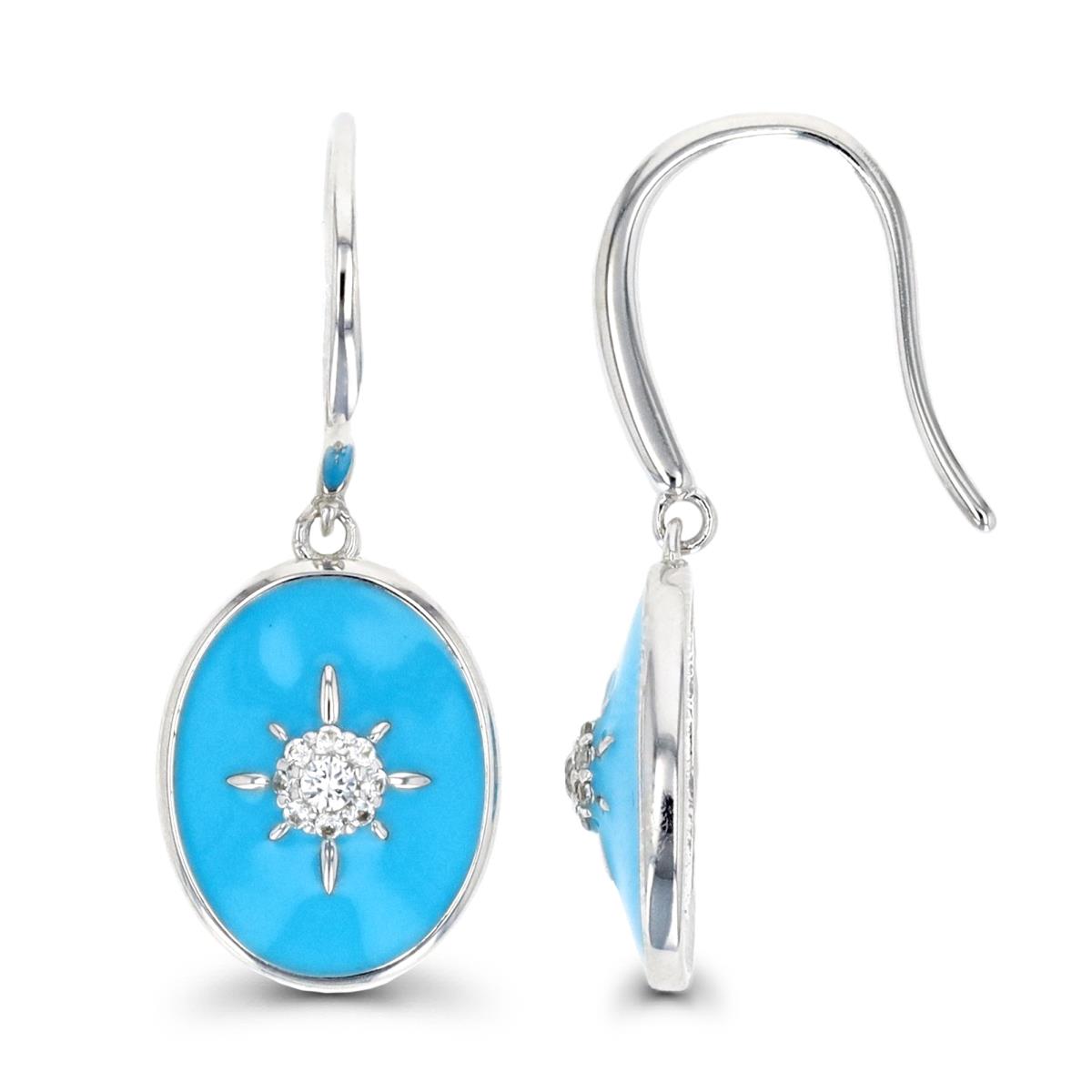 Sterling Silver Rhodium Blue Enamel & Created White Sapphire Starburst Earring