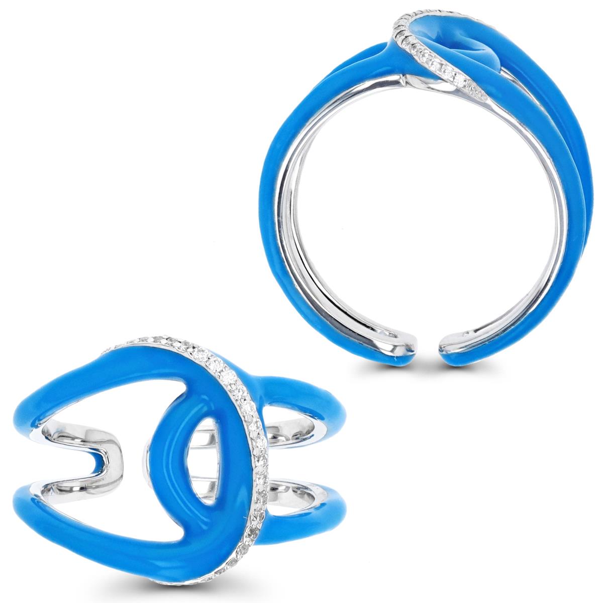 Sterling Silver Rhodium Blue Enamel & CZ Open Ring
