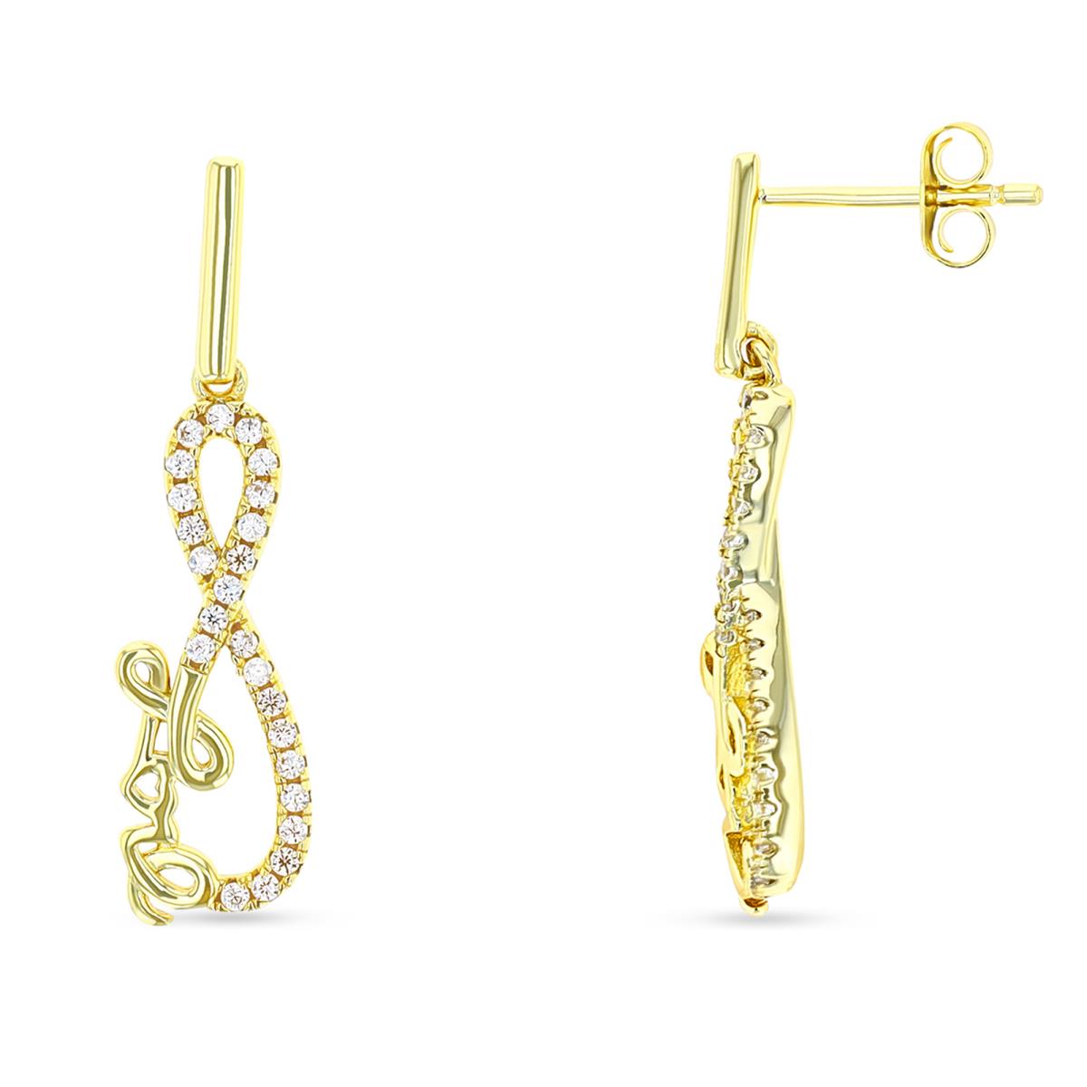 Sterling Silver Yellow 1 Micron 28X7MM Dangling Infinity " Love "Polished White CZ Earring