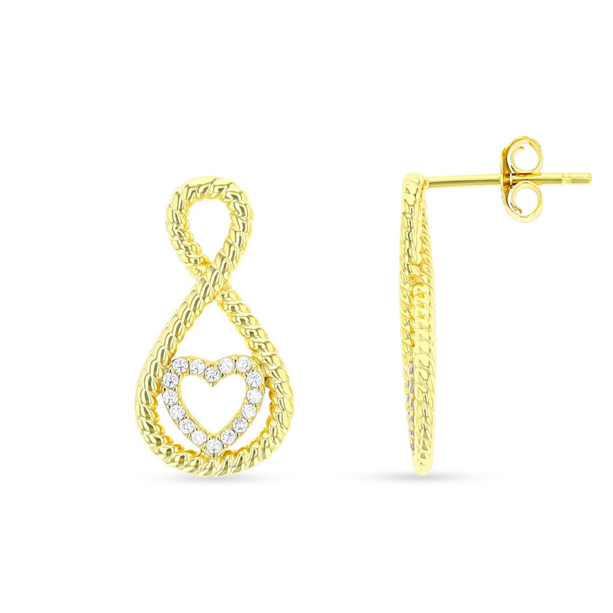Sterling Silver Yellow 1 Micron 19.5X10.5MM Twisted Infinity Heart White CZ Stud Earring