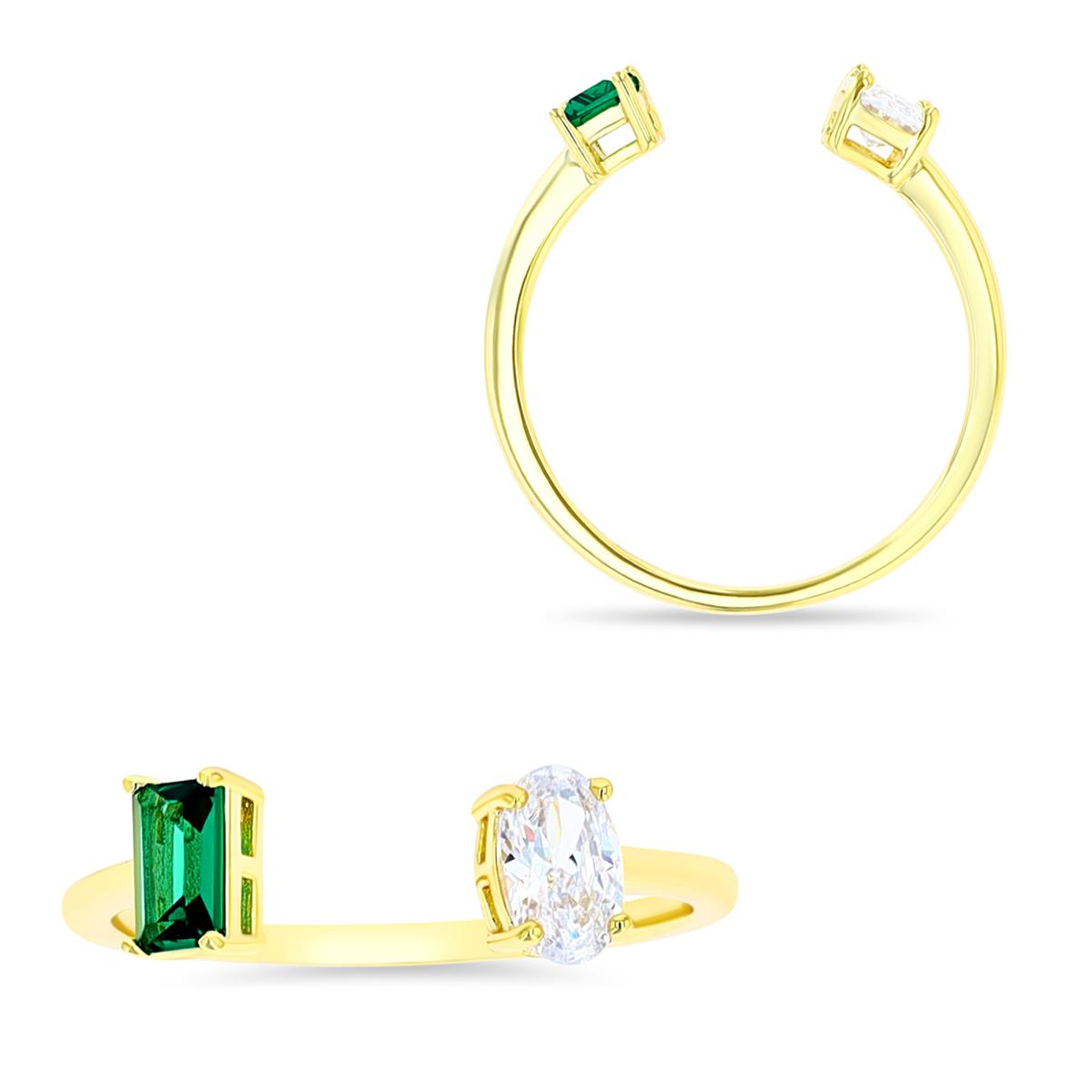 Sterling Silver Yellow 1 Micron 6MM Two Stone Green Emerald Cut & Oval White CZ Ring