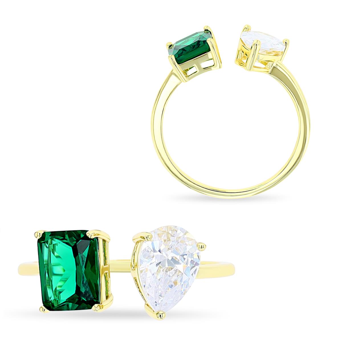 Sterling Silver Yellow 1 Micron 10MM Two Stone Green Emerald Cut & Pear White CZ Ring