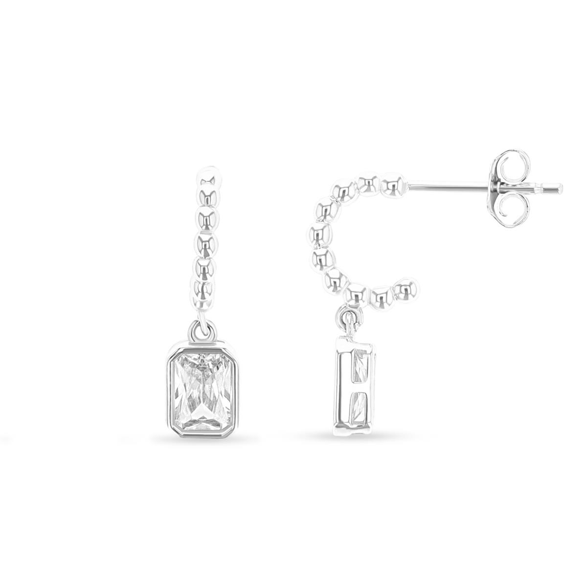 Sterling Silver Rhodium 19X5.5MM Bezel Emerald Cut Dangling Earring