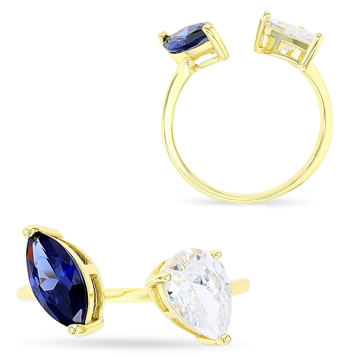 Sterling Silver Yellow 1 Micron 11MM Fashion Open Polished Tanzanite Marquise & Pear White CZ  Ring