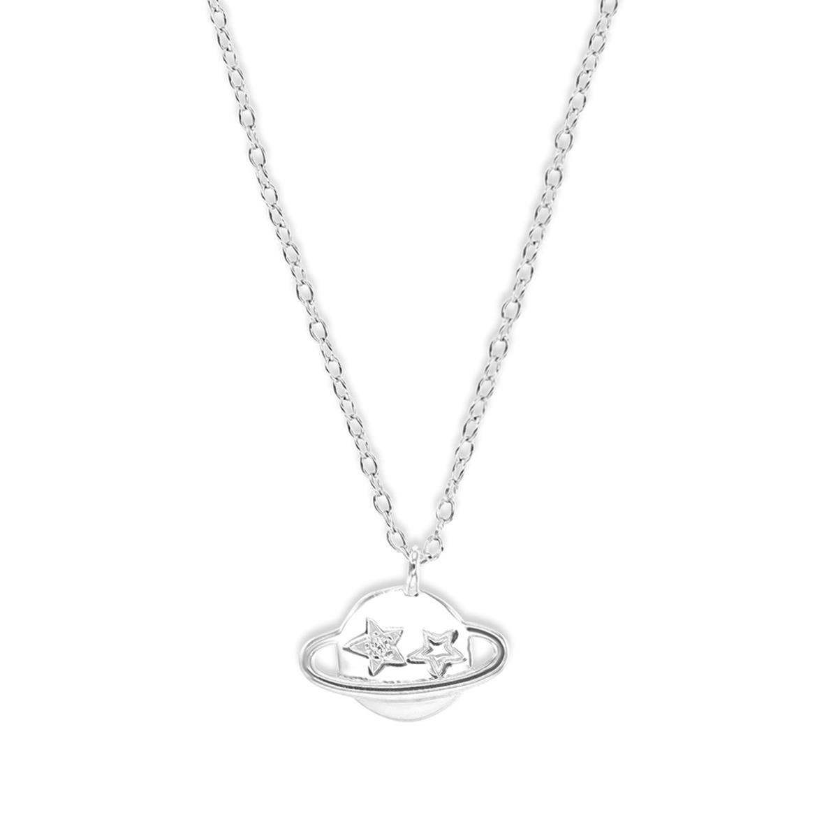 Sterling Silver Rhodium 14X11.5MM Planet Star White CZ 16+2" Necklace