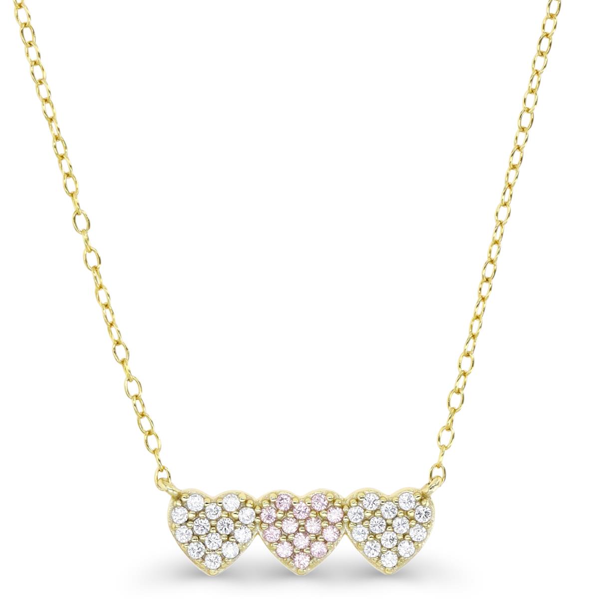 Sterling Silver Yellow 1 Micron 19X6MM Trio Heart Micropave Pink & White CZ 16+2"Necklace