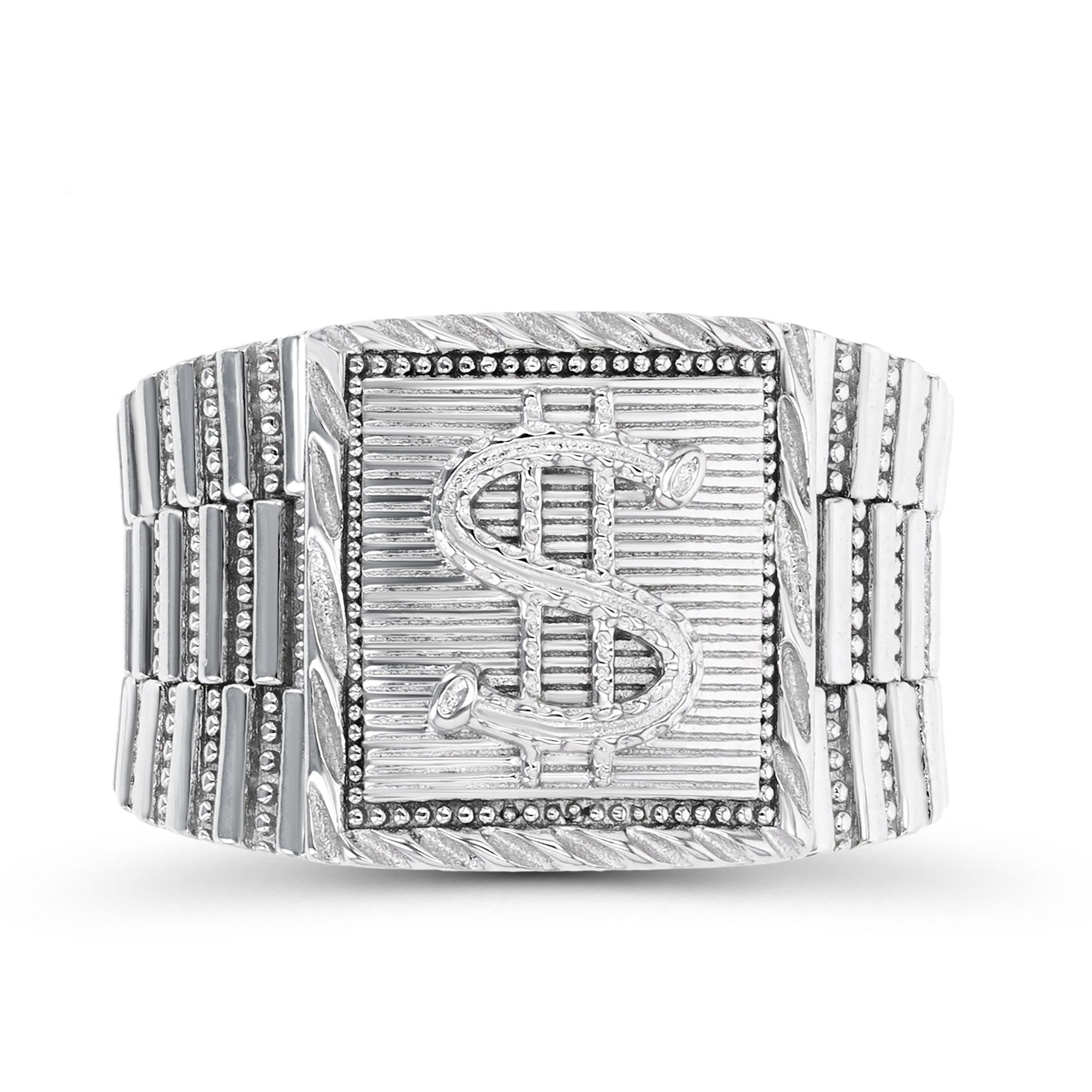 Sterling Silver Rhodium 15mm  Fashion Textured "$" Ring