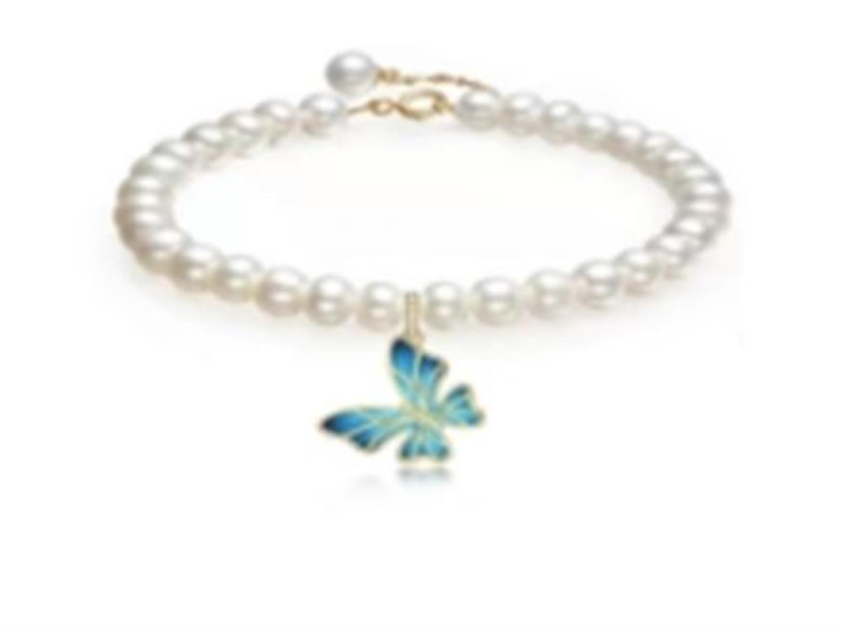 Sterling Silver Yellow Pearl Bead and Enamel Butterfly Bracelet