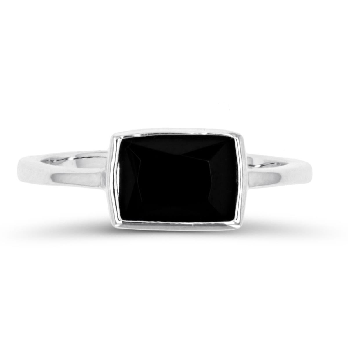 Sterling Silver Rhodium 8x6mm Emerald Black Spinel Bezel Ring