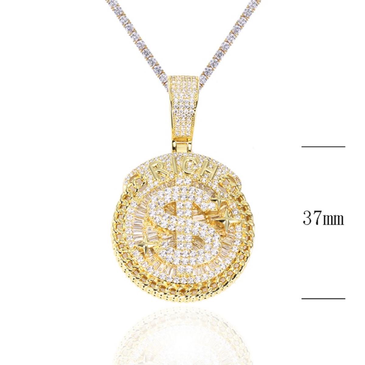 Sterling Silver Yellow 37MM  White CZ "$,  Rich " Pendant