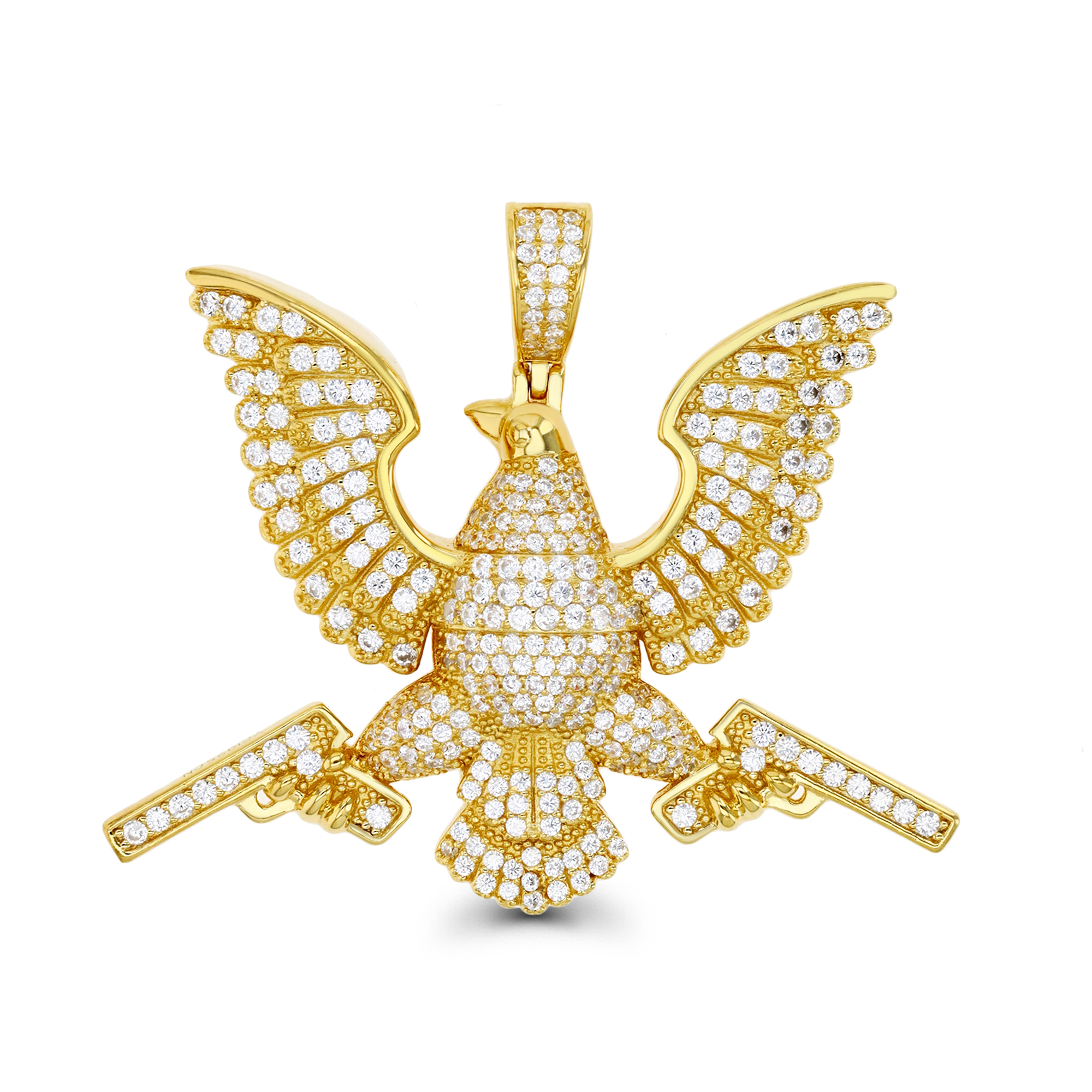 Sterling Silver Yellow 39MM Eagle With Guns White CZ Pendant