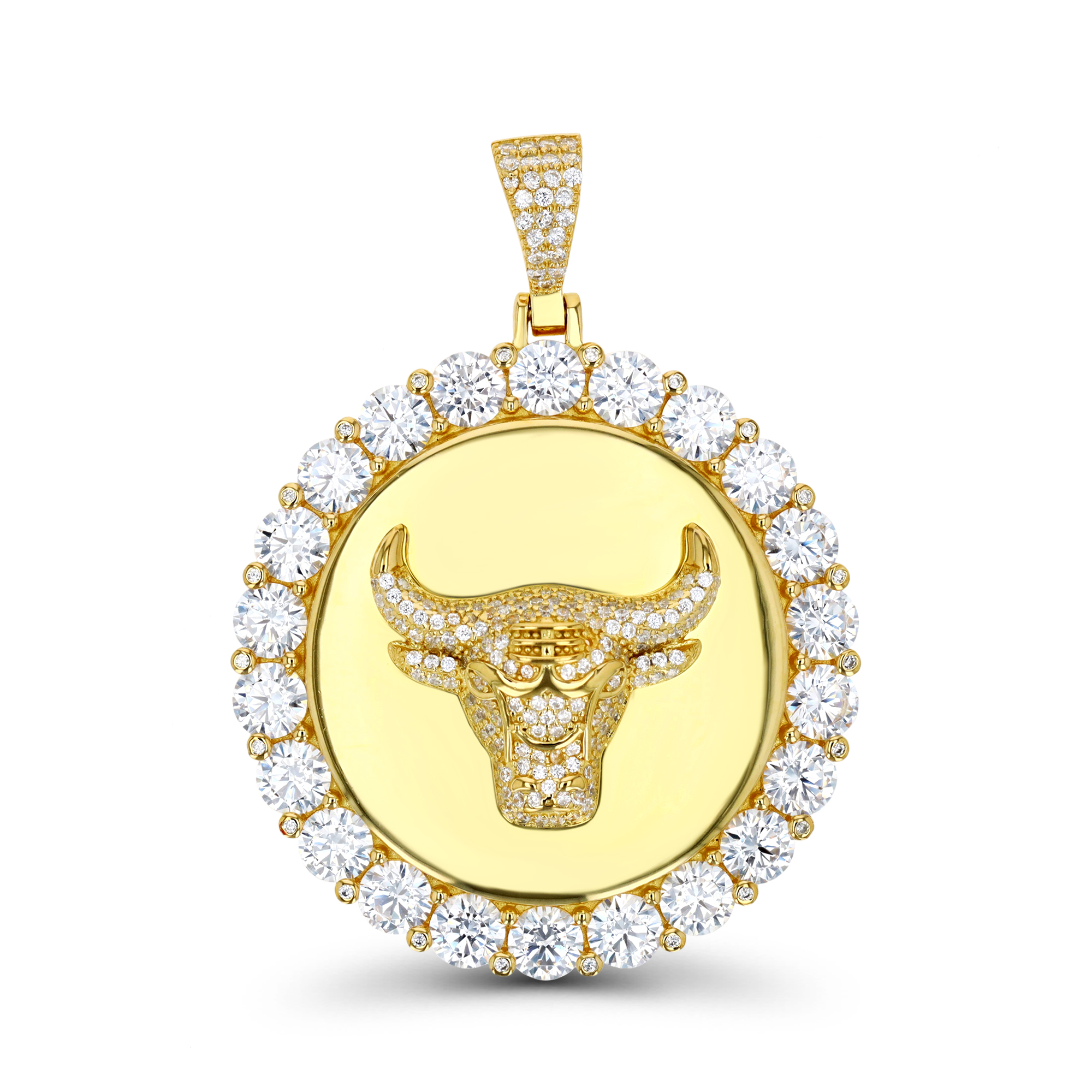 Sterling Silver Yellow 42MM Polished  Bull Head Halo White CZ Round  Pendant