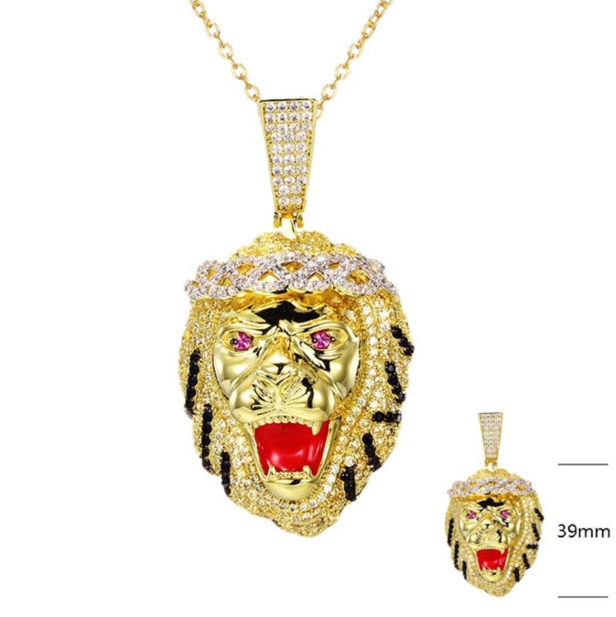 Sterling Silver Yellow 39MM  Lion King Multicolor CZ & Red Enamel Pendant