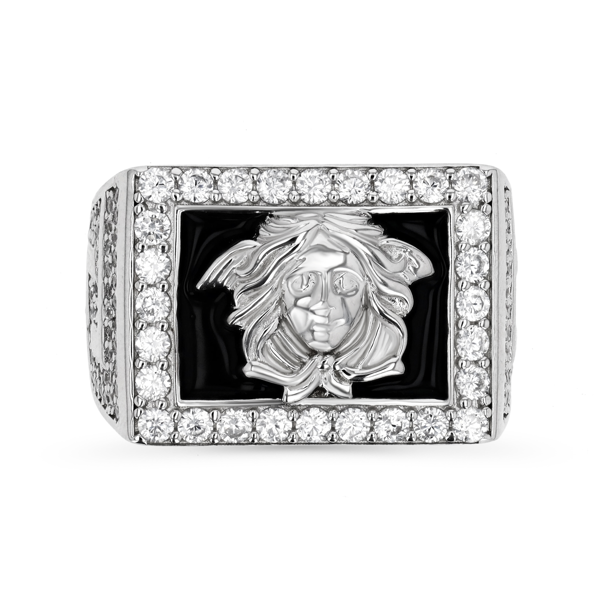 Sterling Silver Rhodium 17mm  Fashion Meduza Head Black Enamel & White CZ Ring